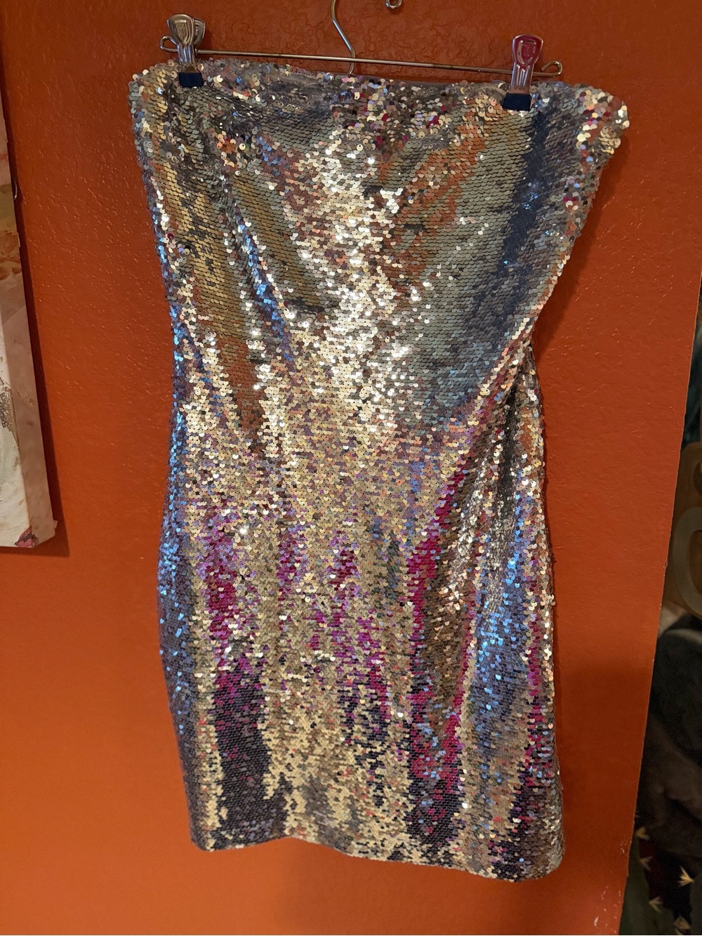 Gianni Bini Silver Sequin Strapless Tube Dress with Pink Accent